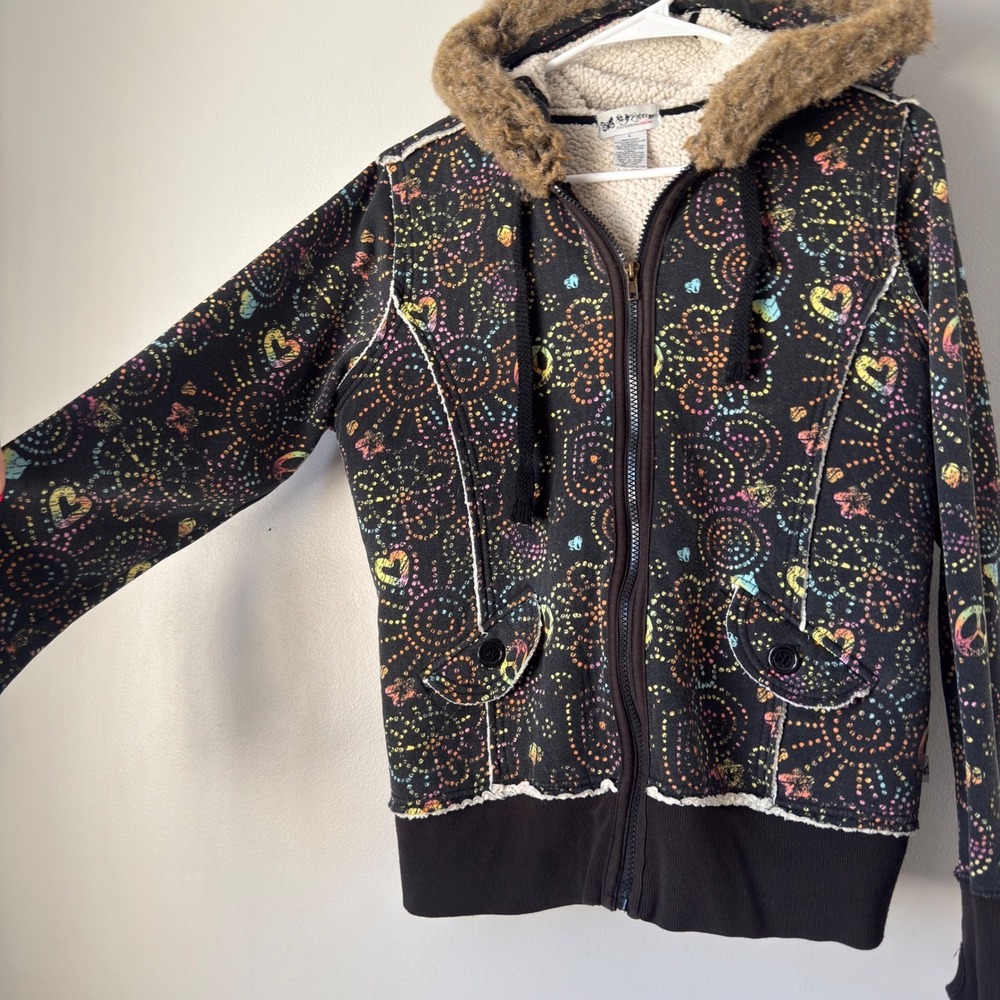 Self Esteem Y2K Black Sherpa Hoodie Womens L Rainbow Peace Heart Faux Fur Zip Up - Picture 13 of 16